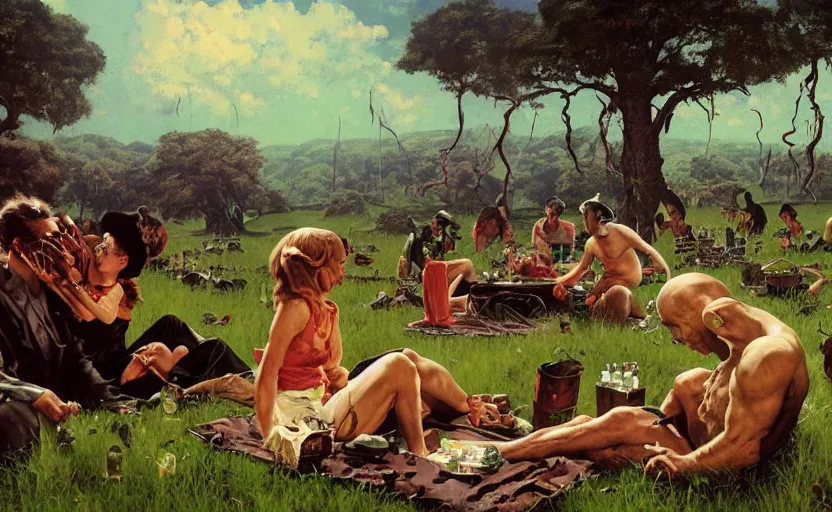 Prompt: cthulhu devouring a meadow by people having picnic. lovecraftian horror. highly detailed science fiction painting by norman rockwell, frank frazetta, and syd mead. rich colors, high contrast, gloomy atmosphere, dark background. trending on artstation
