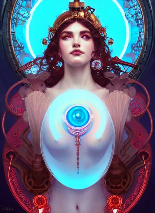 Image similar to the goddess ariadne smirking, steampunk, glowing eyes, volumetric lights, red and cyan theme, art nouveau botanicals, intricate, highly detailed, digital painting, artstation, concept art, smooth, sharp focus, cinematic, illustration, beautiful face, art by artgerm and greg rutkowski and alphonse mucha