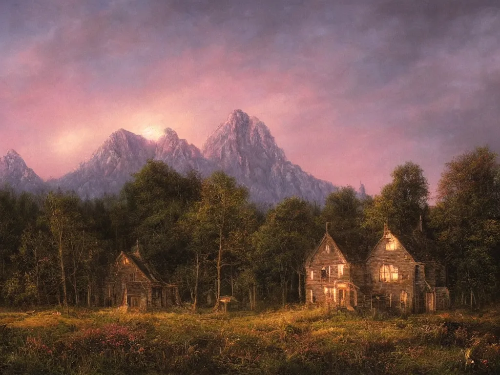 Prompt: a witchhouse with lighted windows in a woodland, mountain in background, evening mood, pink clouds in the sky, by clive madgwick