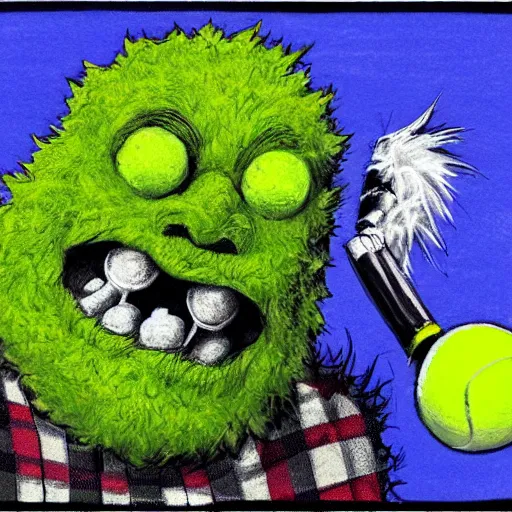 Image similar to a tennis ball monster wearing a scottish kilt, big mustache, scotland blue, digital art, fantasy, magic, chalk, trending on artstation, ultra detailed, professional illustration by basil gogos