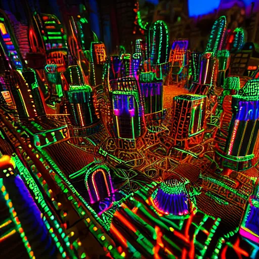 Image similar to a glossy claymodel of a steampunk aztec futuristic city, a city made of wires and multicolored glowing tubes, multicolored led screen, 8 k, front shot, symetrical, flourescent colors, halluzinogenic, multicolored, insanely detailed, 3 d render, octane