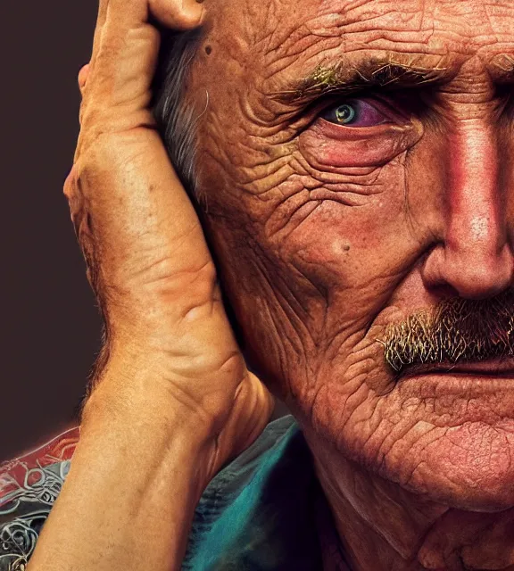 Image similar to portrait of dennis hopper by greg rutkowksi, extreme detail, 8 k, intricate abstract, unreal engine tech demo, vivid colors