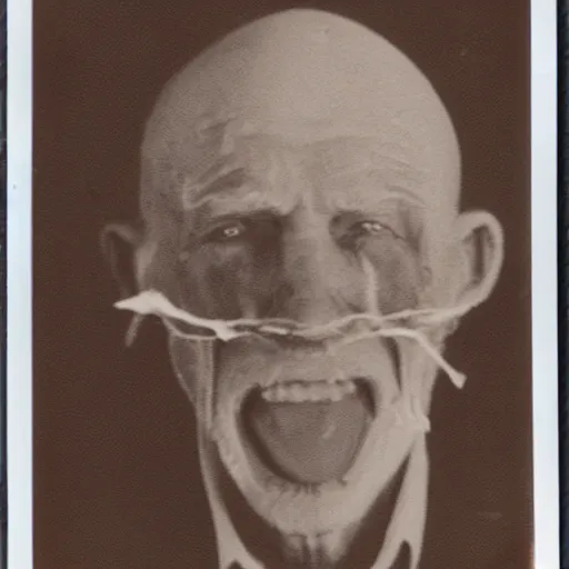 Image similar to a realistic polaroid photo of an old man after a failed experiment inside a laboratory, the head of the old man is deformed and dark, evil god, cosmic horror