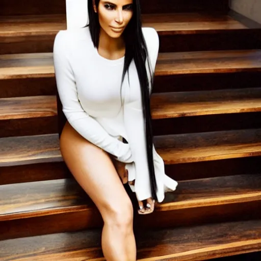 Prompt: Kim Kardashian standing on wooden stairs, staring inquisitively at the camera, elegant, high detail, GQ, Vogue,