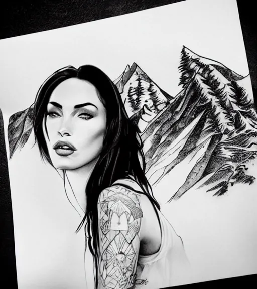 Prompt: tattoo design sketch of megan fox against a background of beautiful mountains and nature, hyper - realistic, in the style of den yakovlev, amazing detail, black and white