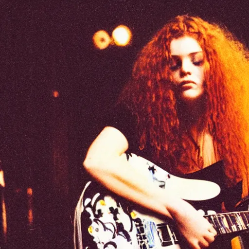 Prompt: 19-year-old woman holding electric guitar, long shaggy red hair, permed hair, stoner rock concert, grunge concert, riff rock, live in concert, concert lighting, 1993, VHS quality