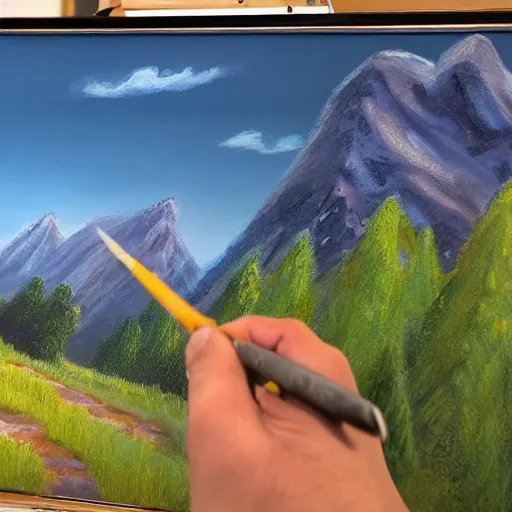 Image similar to a closeup photorealistic photograph of bob ross working on a canvas painting of fred flintstone. film still. brightly lit scene. mountains and trees. this 4 k hd image is trending on artstation, featured on behance, well - rendered, extra crisp, features intricate detail, epic composition and the style of unreal engine.