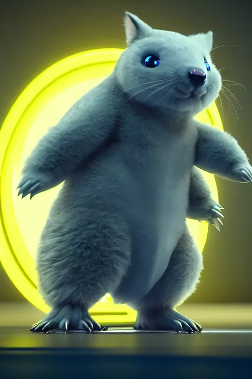 Image similar to high quality 3 d render sci - fi very cute mecha & fluffy! wombat!! hybrid! fighting, highly detailed, unreal engine cinematic smooth, in the style of blade runner & detective pikachu, hannah yata charlie immer, dark yellow neon light, low angle, uhd 8 k, sharp focus