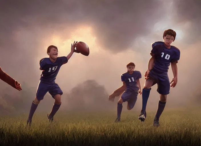 Image similar to big motion picture scenery artwork by robert svebeck, rendering of several young wizards playing in a football on a mystical field, matte painting, trending on artstation and unreal engine