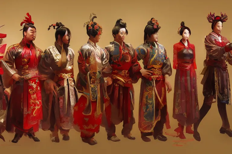 Image similar to Character design of traditional chinese costumes, muscular, cinematic lighting, dramatic atmosphere, by Craig Mullins, 4k resolution, trending on artstation