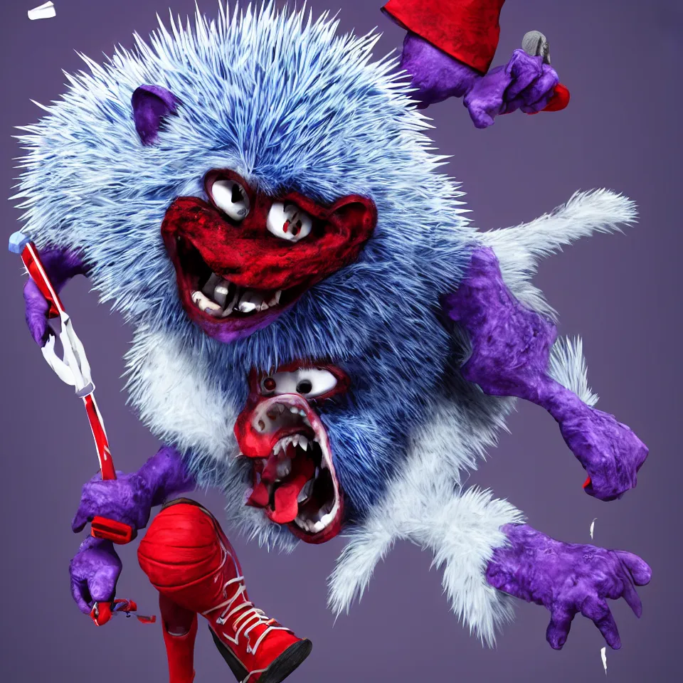 Image similar to anthropomorphic blue bipedal hedgehog with purple eyes and white bloody gloves and red shoes and purple edge quills in red static cursed trending artstation horror 4 k hd detailed