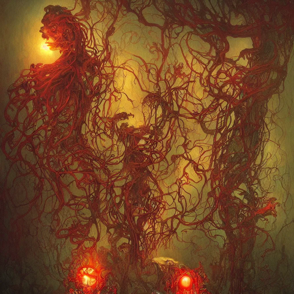 Prompt: colorful fungus monsters by beksinski, red veins by alphonse mucha, intense lighting, light beams, lens flare, intricate, elegant, nightmare, highly detailed, digital painting, artstation, concept art, smooth, sharp focus, illustration