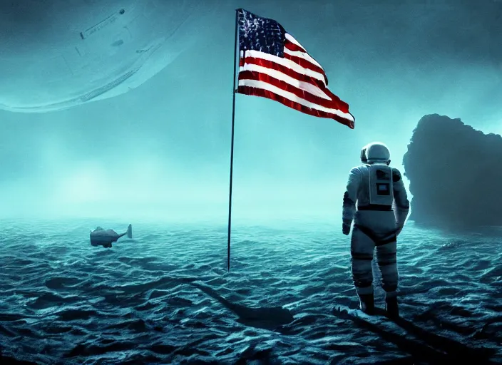 Image similar to astronaut holding a flag in an underwater desert. a submarine is visible in the distance. dark, concept art, cinematic, dramatic, atmospheric, 8 k, trending on artstation, blue, fish, low visibility, fog, ocean floor, christopher nolan, interstellar