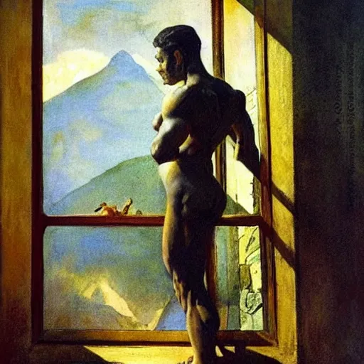 Prompt: a man looking out a window, frank frazetta,