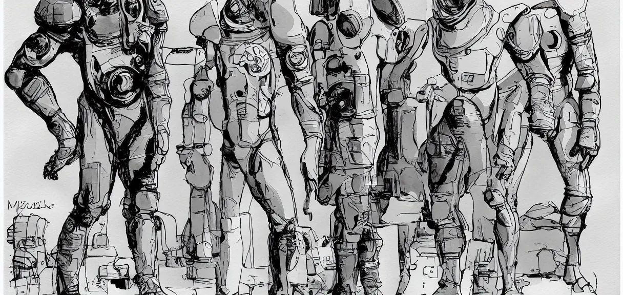 Image similar to male, full body, space suit with a modern helmet, large shoulders, short torso, long thin legs, tiny feet, character sheet, science fiction, very stylized character design, cartoon proportions, pen and ink, digital painting, watercolor wash, by mike mignola, by alex maleev, jean giraud