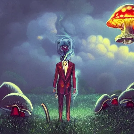 Image similar to A centered chest up portrait of a psychedelic godlike atlas mothman smoking a hand-rolled cigarette smoking heavily , magic mushroom village in background , award winning. superb resolution. in the art style of junji Ito and greg rutkowski . Detailed Mushroom city in background. Hyper realistic anime. Perfect art. Dalle2