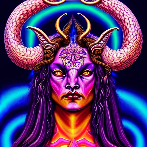 Prompt: an extremely psychedelic portrait of baphomet as medusa, surreal, lsd, face, detailed, intricate, elegant, lithe, highly detailed, digital painting, artstation, concept art, smooth, sharp focus, illustration