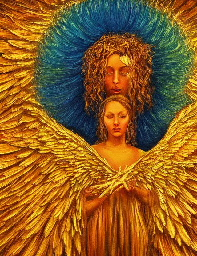 Prompt: spirit of the solar mythos mercurial angel golden wings soft life, award winning oil painting, chromatic aberration