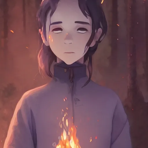 Image similar to a child with grey skin with blues and short brown hair, holding fire in hands, forest background, highly detailed, digital painting, artstation, matte, by makoto shinkai, animation style, studio ghibli, anime key visual