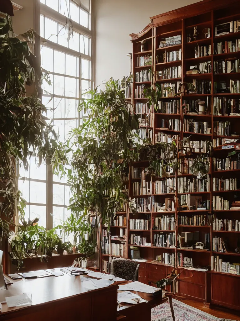 Image similar to A beautiful office room with mahogany bookcases and many beautiful plants and sunset light coming through the windows