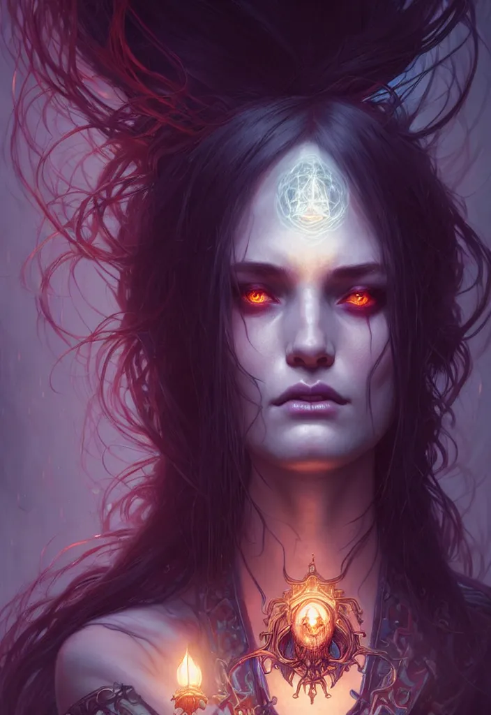 Image similar to Necromancer Sorceress face in center, fantasy magic, undercut hairstyle, dark light night, intricate, elegant, sharp focus, illustration, highly detailed, digital painting, concept art, matte, art by WLOP and Artgerm and Greg Rutkowski and Alphonse Mucha, masterpiece