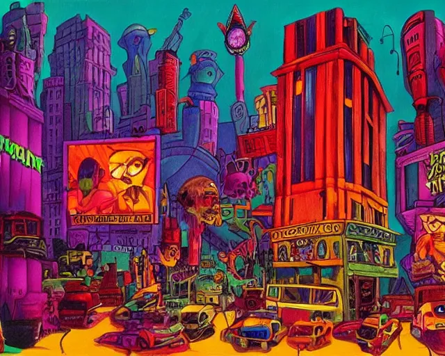 Image similar to surreal colorful nightmarish cityscape, artwork by ralph bakshi