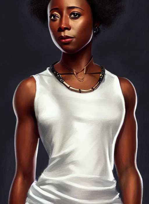 Image similar to 3/4 portrait of Kirby Howell-Baptiste wearing a modern black tank top, art nouveau, D&D, fantasy, elegant, highly detailed, digital painting, artstation, concept art, matte, sharp focus, illustration, art by Artgerm and Greg Rutkowski and WLOP