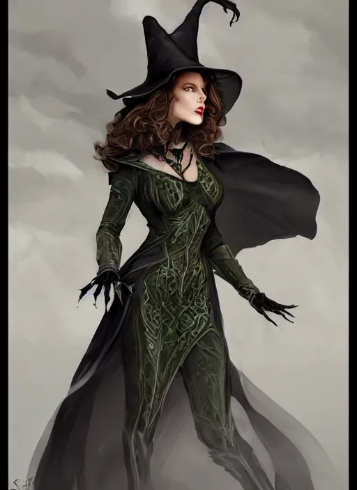Image similar to beautiful female wicked witch, kate beckinsale as the wicked witch of the west, full body character concept, armor, super powers, fantasy, intricate, elegant, highly detailed, digital painting, artstation, concept art, shining, sharp focus, illustration, art by stanley lau