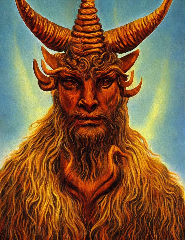 Image similar to the ancient god Baphomet, horned god of wisdom gnostic mystery religion, oil painting (beautiful) by Brom, chromatic aberration strange colors