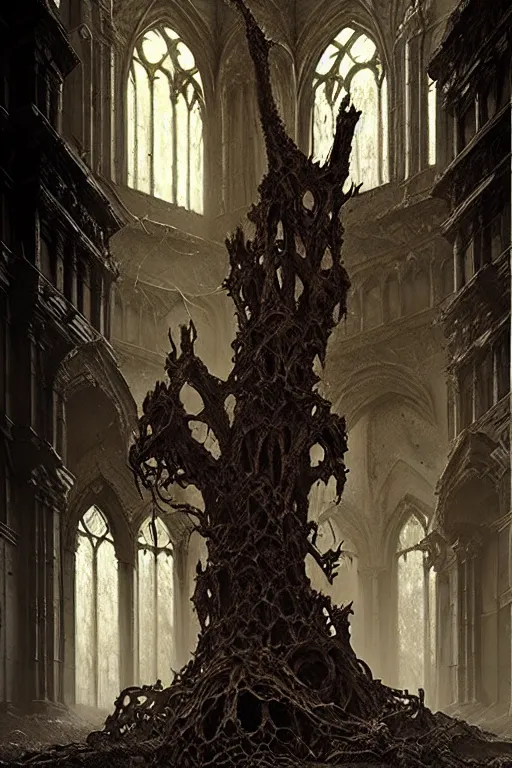 Prompt: abandoned cathedral in hell. guarded by hellhounds. dead tree, by greg rutkowski, giger, maxim verehin