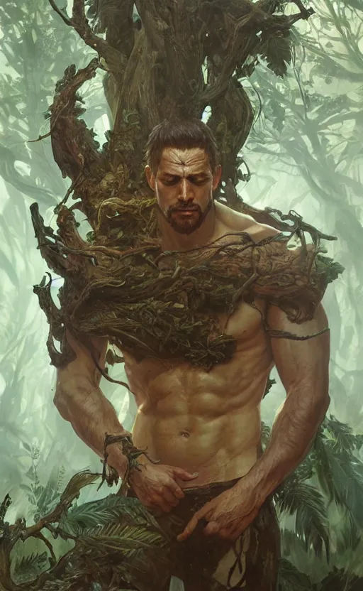 Prompt: Furious god of the forest, male, gorgeous, detailed face, clear face, amazing, muscular, intricate, highly detailed, digital painting, artstation, concept art, sharp focus, illustration, art by greg rutkowski and alphonse mucha