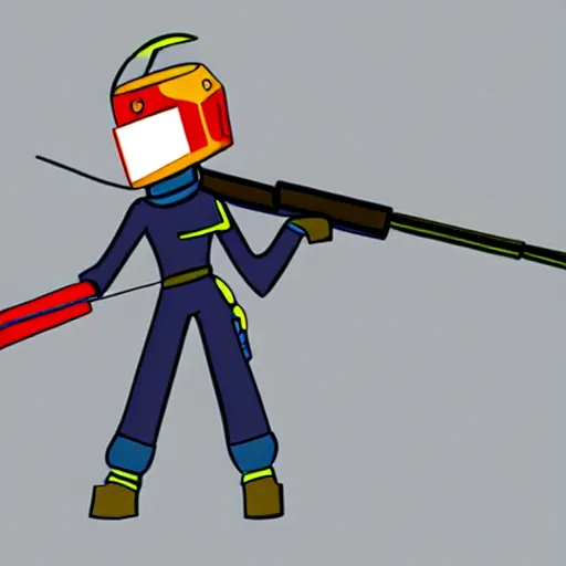 Image similar to canti from flcl anime holding a valorant style sniper rifle. character design. digital art. masterpiece.