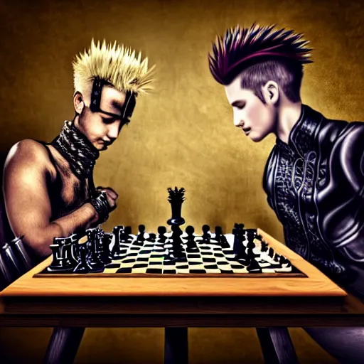 Prompt: man with spiky hair, wearing steampunk armor, playing chess, highly intricate, photorealistic, hyperrealism, beautiful, high resolution