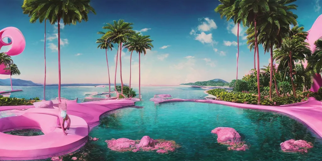 Image similar to artgem masterpiece, hyperrealistic surrealism, award winning masterpiece with incredible details, epic stunning, infinity pool, a surreal vaporwave liminal space, highly detailed, trending on ArtStation, calming, meditative, pink arches, flowing silk sheets, palm trees, very vaporwave, very very surreal, sharp details, dreamscape