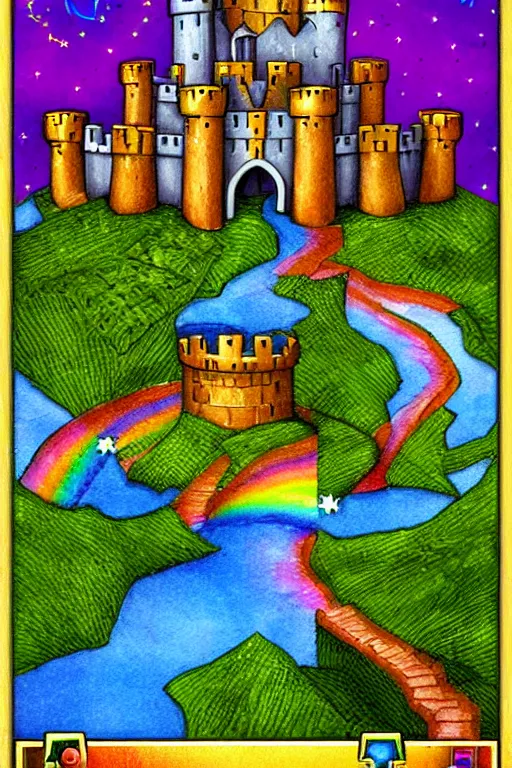 Prompt: dominion eurogame card showing a rainbow castle with a moat. fantasy deviantart