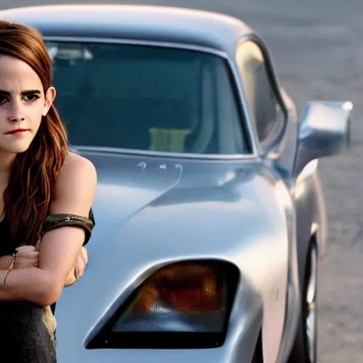 Image similar to emma watson starring in the new fast and furious movie she is driving a very expensive car, 8 0 s movie, cinematic, exciting, movie poster, bright, colorful