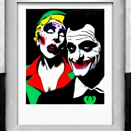 Image similar to ilya yefimovich repin and mimmo rottela and banksy as joaquin phoenix skinny joker, holding hand, lady gaga harley queen, ultra photorealistic, intricate details, pop art style, concept art, confident posse, perfect models anatomy, justify content center, 2 colours, warm color, 4 k, ultra smooth, sharp focus