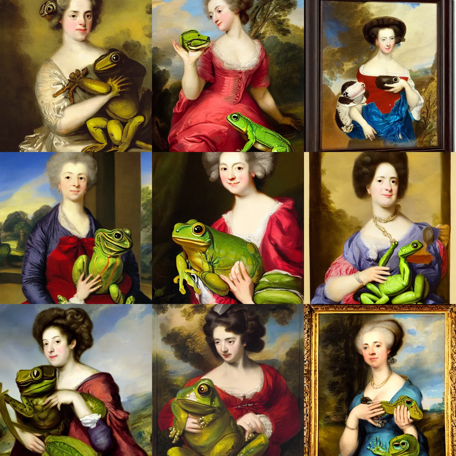Prompt: a painting of a lady holding her giant pet frog, by joshua reynolds