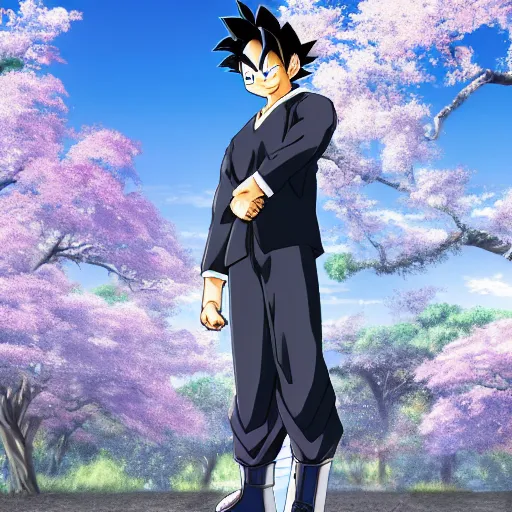 Image similar to highly detailed photo of goku wearing tuxedo standing in front of sakura trees, anime concept art, highly detailed, 8 k
