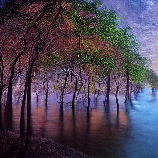 Image similar to magical trees and a river by anderson debernardi and pablo amaringo