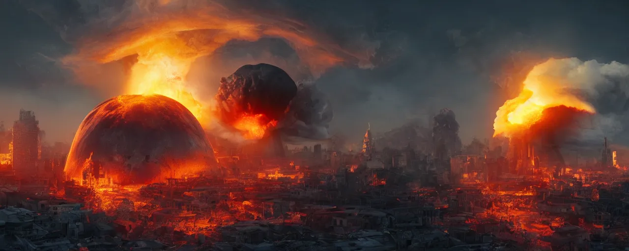 Image similar to extreme nuclear explosion with a mushroom cloud in the shape of a giant skull, destructive shockwave, in a European city, atmospheric, trending on artstation, 4K, subsurface scattering, global illumination, raytracing, cinematic lighting, UHD, HDR