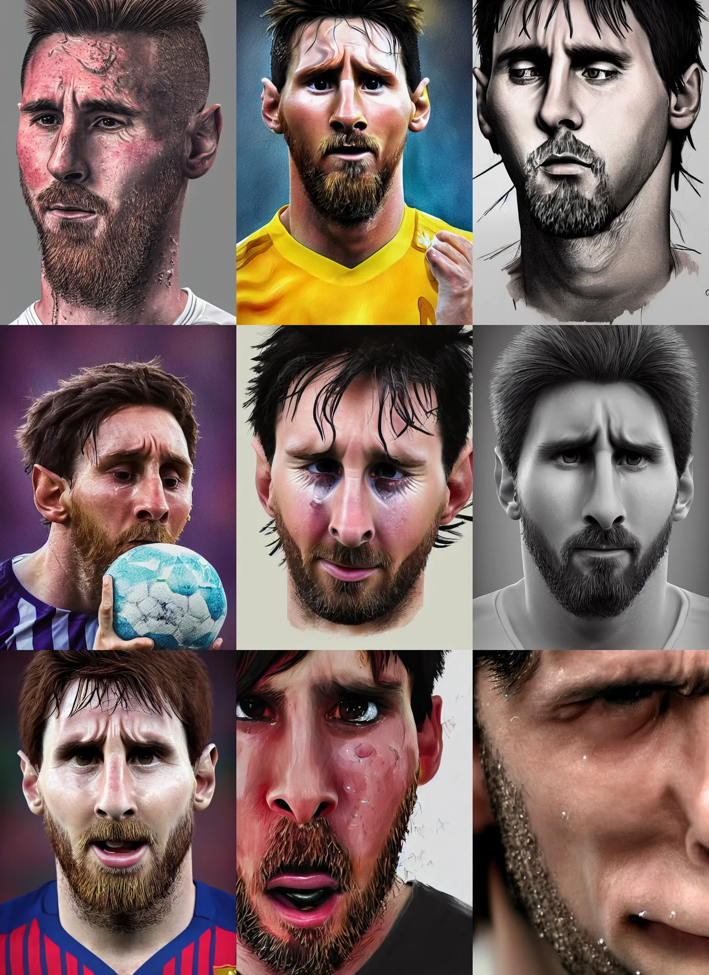 Prompt: portrait of ((cute)) crying Messi!!, photorealistic, single !!tear!!, Messi, cry, 35mm, tears drip from the eyes, noticeable tear on the cheek, tear, tear on face, close-up, crying, cry, tear, tear on cheek, Octane render, trending on Artstation, 4k, 8k, perfect face, highly detailed, (beautiful eyes), digital art