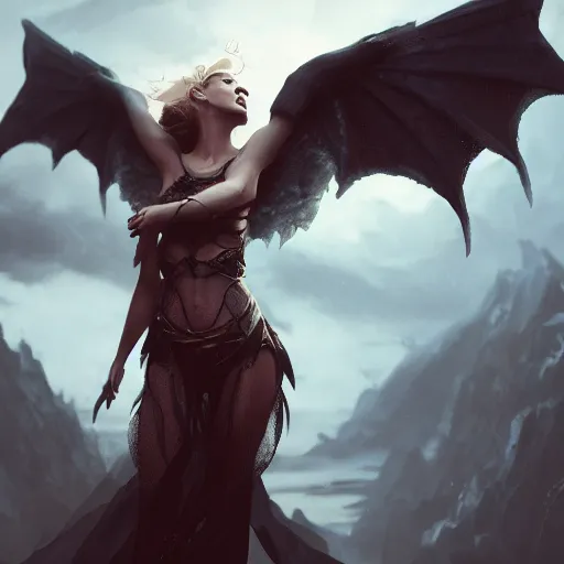 Image similar to a photo of an attractive women with dragon like wings by greg rutkowski, sung choi, mitchell mohrhauser, maciej kuciara, johnson ting, maxim verehin, peter konig, 8 k photorealistic, cinematic lighting, hd, high details, dramatic, dark atmosphere, trending on artstation