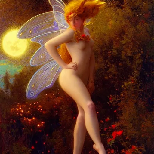 Image similar to attractive fairy magically floating high in the night, fantasy, full moon in background. highly detailed painting by gaston bussiere, craig mullins, j. c. leyendecker, mid shot, 8 k