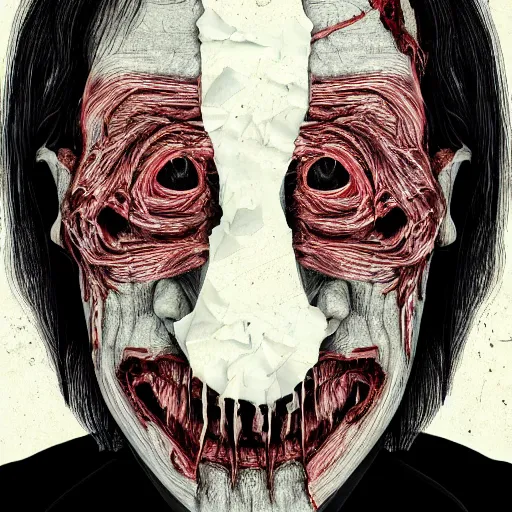 Image similar to face shredded like paper as skin peeling, dark, surreal, illustration, realistic horror