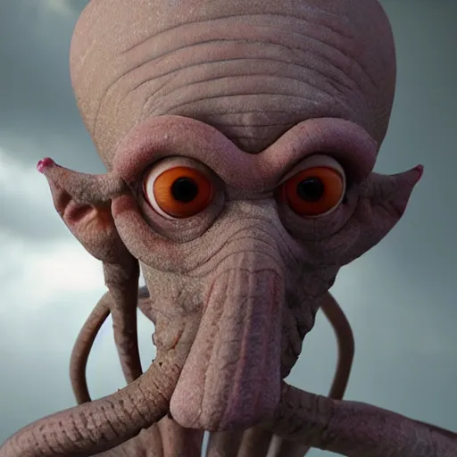 Image similar to squidward realistic skin 8k, detailed, high detailed, terrifying, eerie, deformed.