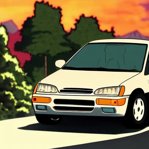 Image similar to closeup of a high definition anime girl riding a Hyundai Accent 1996 model with armenia quindio in the background in Initial D manga style, 8k, official media, wallpaper, hd