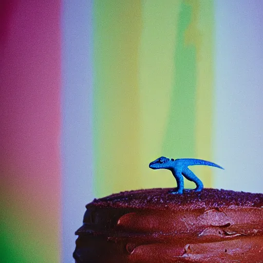 Image similar to photo of lizard standing on top of rainbow icing cake, cinestill, 8 0 0 t, 3 5 mm, full - hd