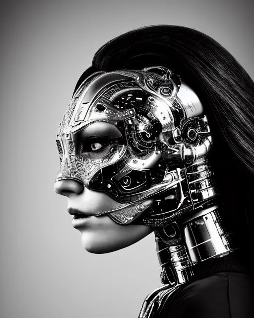 Image similar to a profile portrait, a stunning young woman - cyborg with a mutant crow head, editorial photography, bw, shot on 7 0 mm, depth of field, f / 2. 8, high contrast, 1 6 k, volumetric lighting, shiny, insanely detailed and intricate, hypermaximalist, elegant, ornate, hyper realistic, super detailed