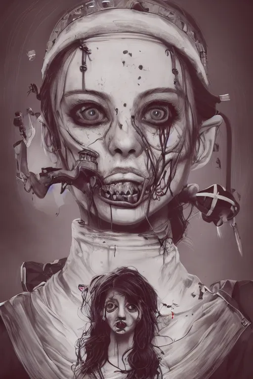 Image similar to cartoon grunge portrait of a creepy horror nurse girl . intricate abstract. intricate artwork. nightmare fuel. terrifying. by Tooth Wu, wlop, dan mumford , trending on artstation, greg rutkowski very coherent symmetrical artwork. cinematic, hyper realism, high detail, octane render, 8k